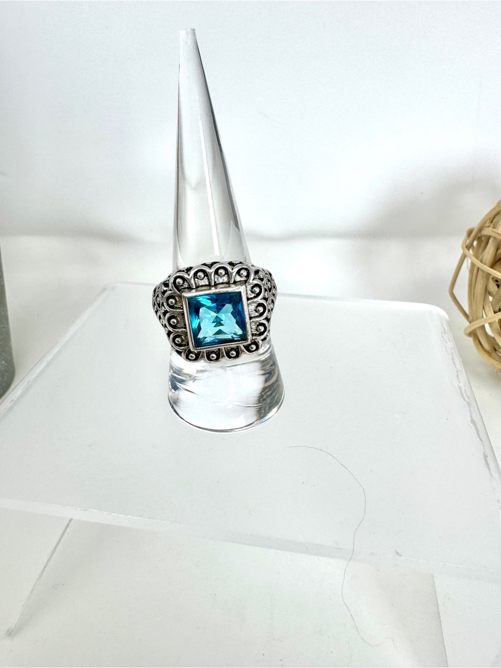 Vintage Balinese Artisan Statement Ring Cushion Cut Blue Topaz - Excellent Cond